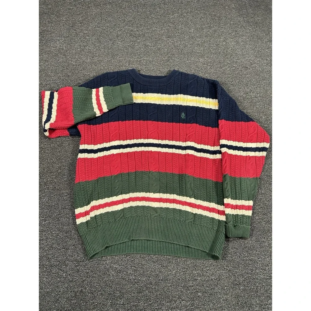Vintage Nautica Sweater Men Large Cable Knit Rugby Striped‎ Fisherman Preppy Red